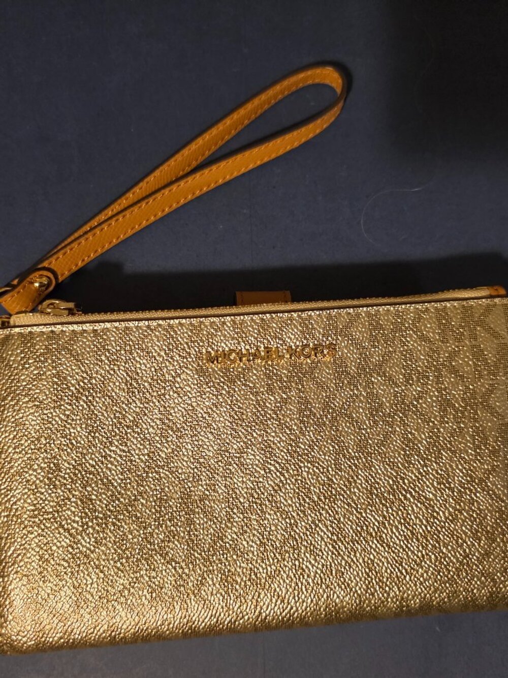 NWOT Michael Kors Adele Double Zip Wristlet Gold Metallic MK Signature - Picture 2 of 9